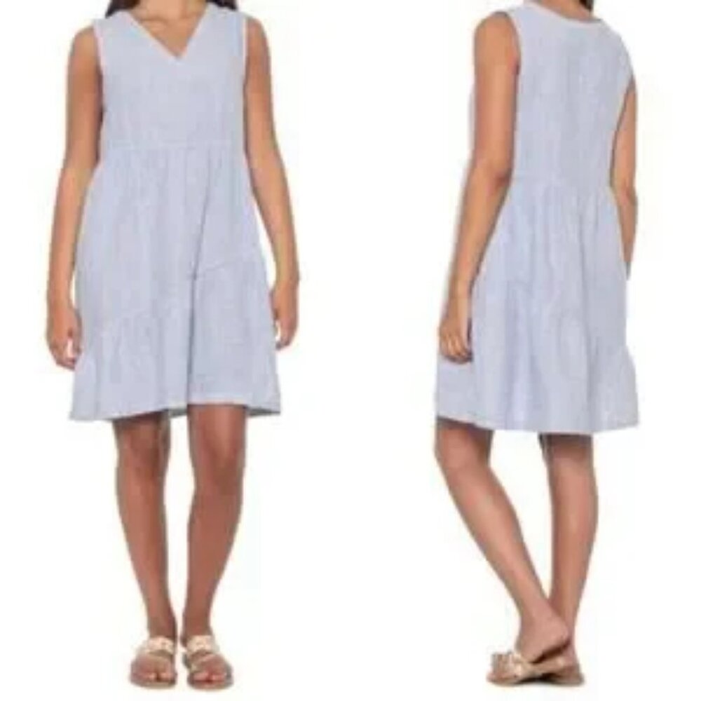 Lucky Brand Dress Linen Women’s V-Neck Sleeveless Striped Tiered Blue White Sz X